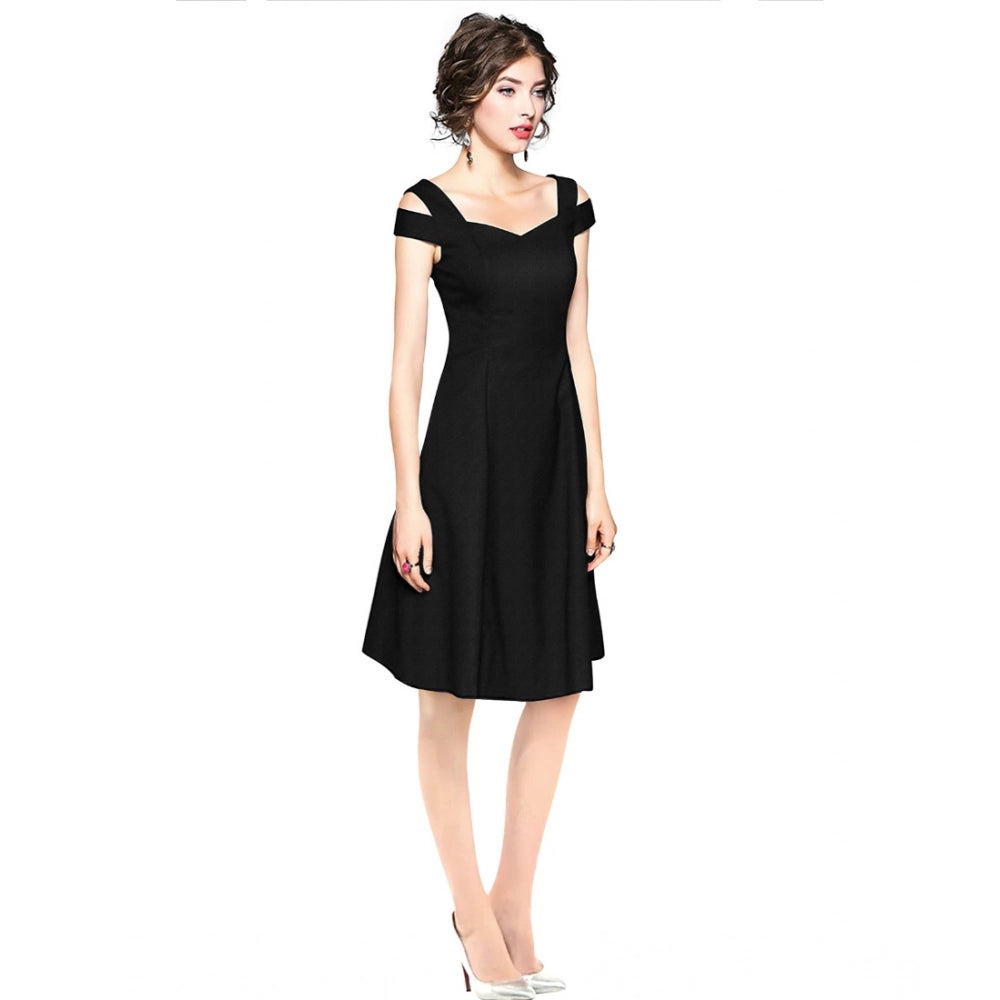 Indoraa Women's Polyester Solid V Neck Cap Sleeve off Shoulder Dress (Black)