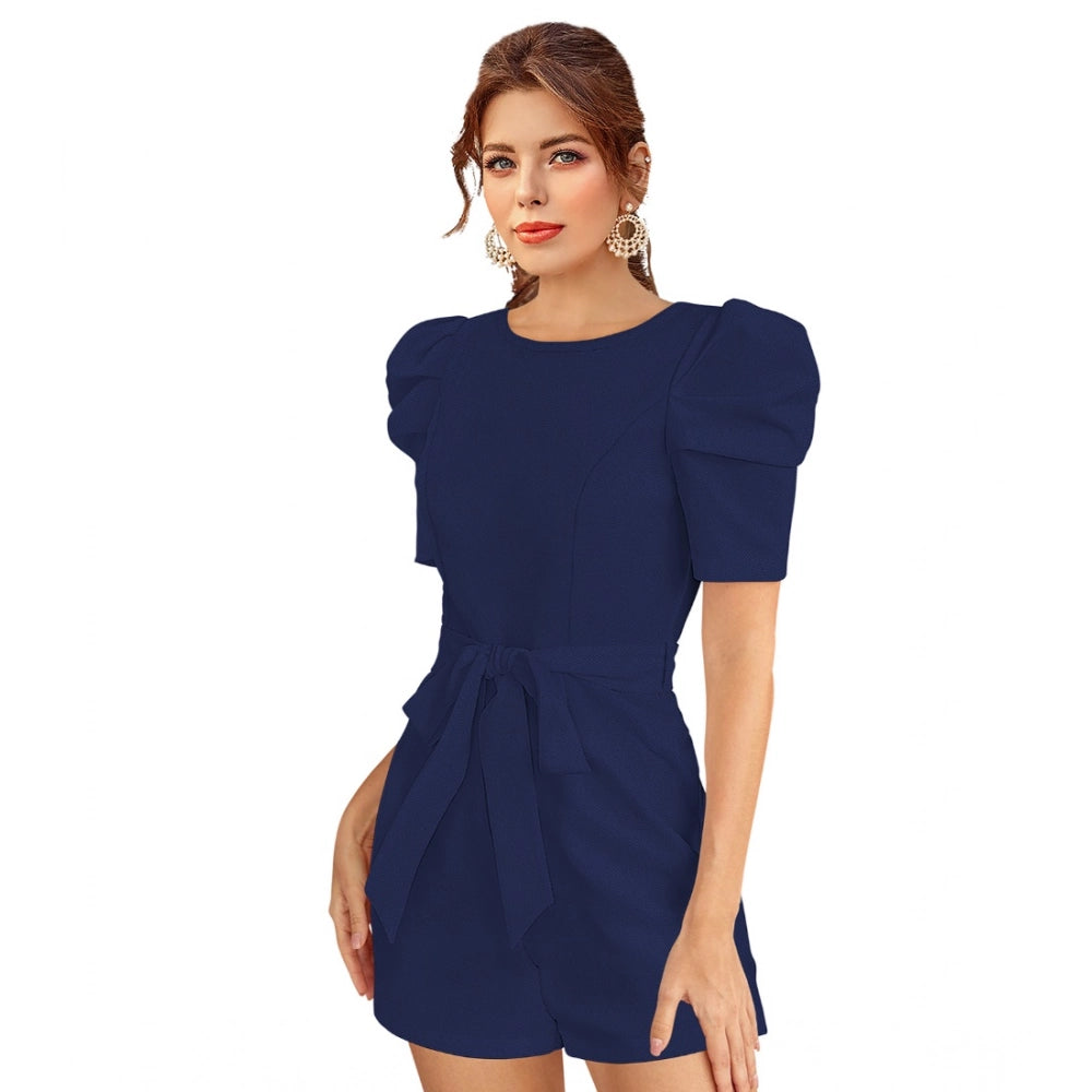 Indoraa Women's Knitting stretchable Solid Round Neck 3-4 Puff Sleeve Dress (Blue)