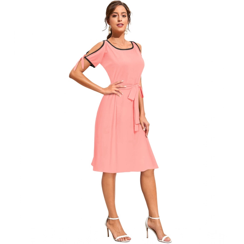 Indoraa Women's Knitting stretchable Solid Round Neck Sleeveless Dress (Peach)