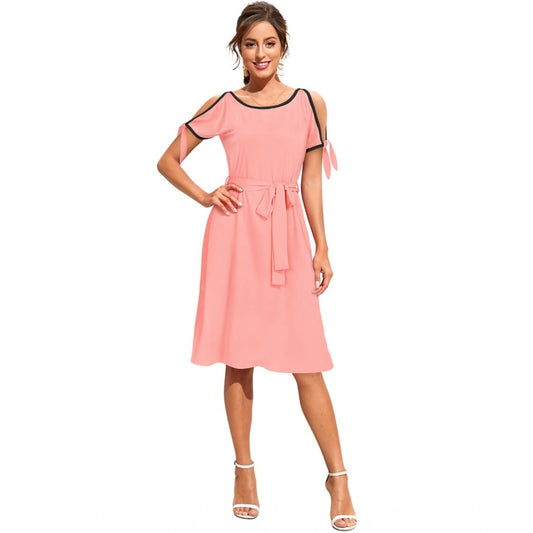 Indoraa Women's Knitting stretchable Solid Round Neck Sleeveless Dress (Peach)