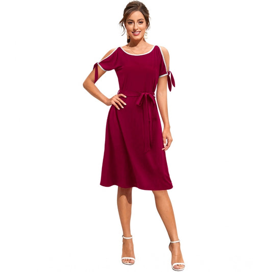 Indoraa Women's Knitting stretchable Solid Round Neck Sleeveless Dress (Maroon)