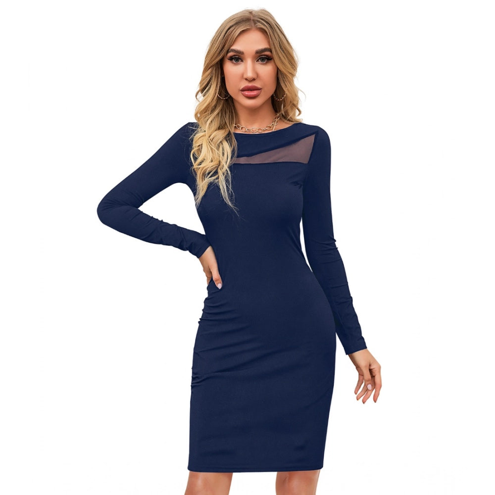 Indoraa Women's Knitting stretchable Solid Round Neck Full Sleeve Dress (Blue )