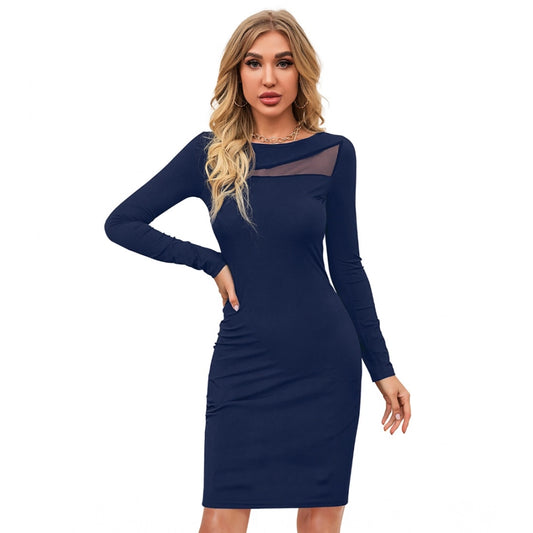 Indoraa Women's Knitting stretchable Solid Round Neck Full Sleeve Dress (Blue )