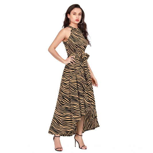 Indoraa Women's Polyester Zebra Pattern Halter Neck Sleeveless Dress (Yellow)