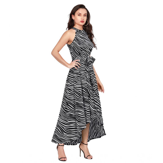 Indoraa Women's Polyester Zebra Pattern Halter Neck Sleeveless Dress (Navy Blue)