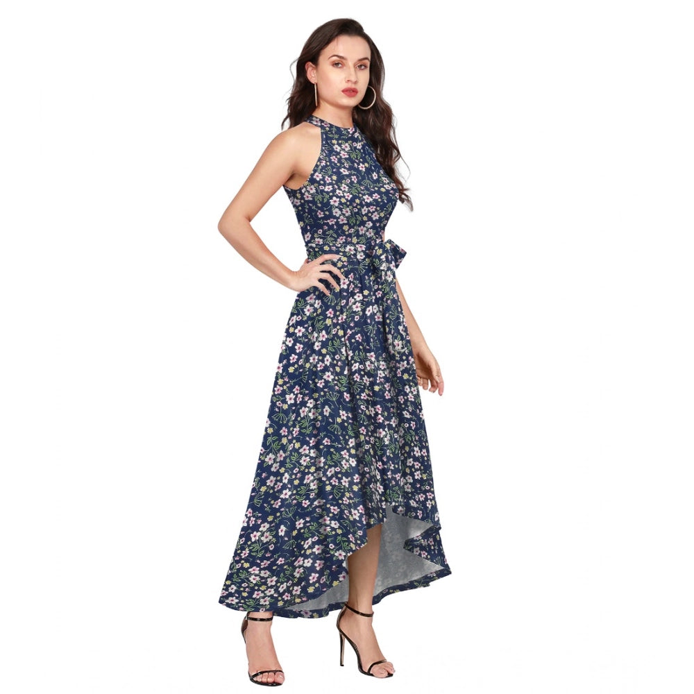 Indoraa Women's Polyester Printed Halter Neck Sleeveless Dress (Blue)