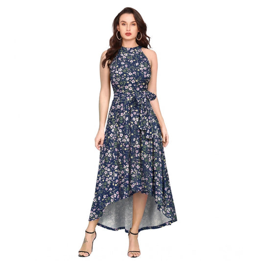 Indoraa Women's Polyester Printed Halter Neck Sleeveless Dress (Blue)