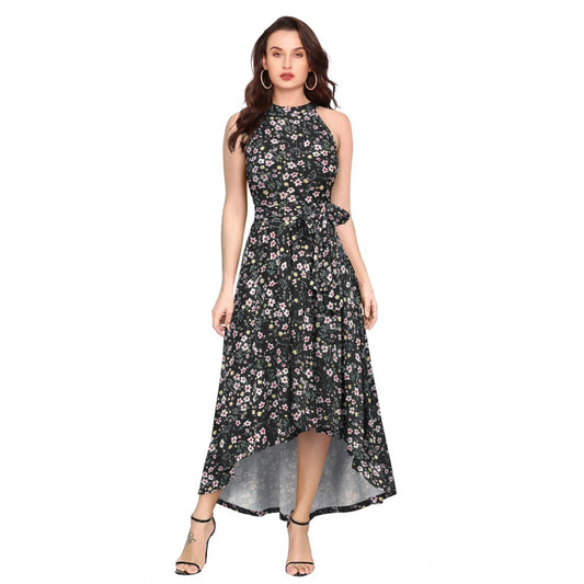 Indoraa Women's Polyester Printed Halter Neck Sleeveless Dress (Black)