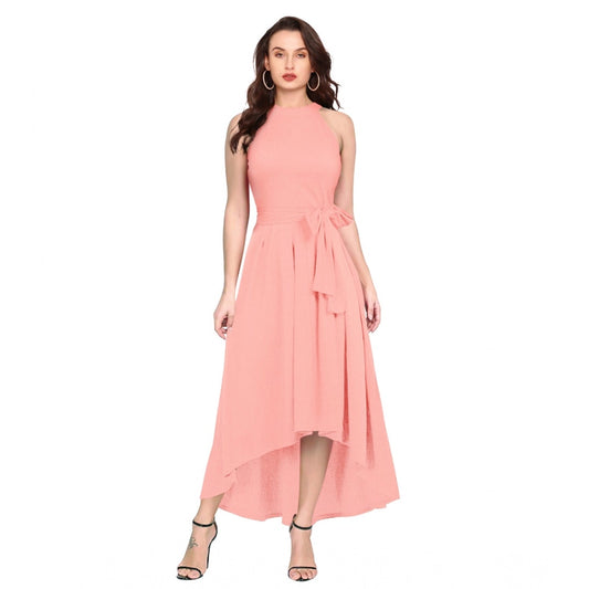Indoraa Women's Polyster Solid Halter Neck Sleeveless Dress (Peach)
