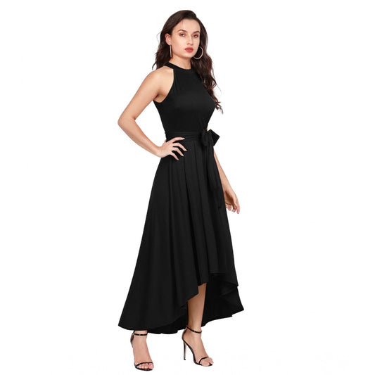 Indoraa Women's Polyster Solid Halter Neck Sleeveless Dress (Black)