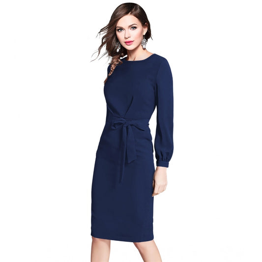 Indoraa Women's Knitting stretchable Solid Round Neck Full Sleeve Dress (Blue)