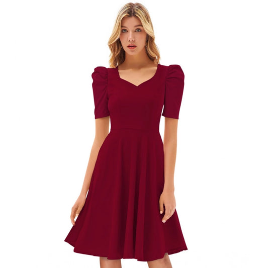 Indoraa Women's Knitting stretchable Solid V Neck Cap Sleeve Dress (Maroon)