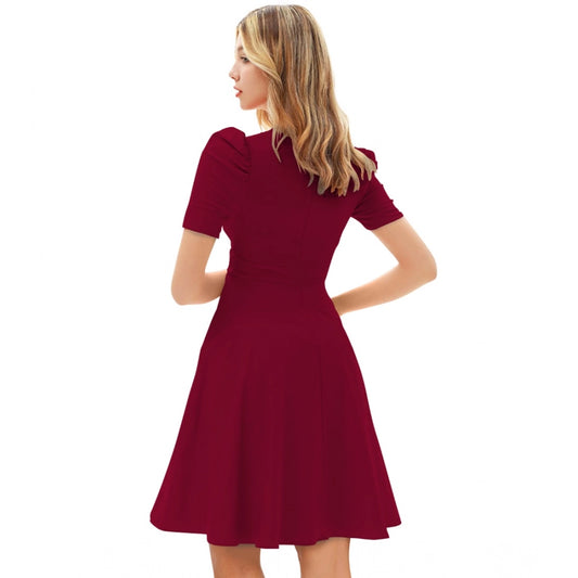Indoraa Women's Knitting stretchable Solid V Neck Cap Sleeve Dress (Maroon)