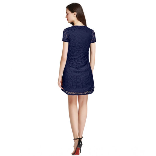 Indoraa Women's Rasal Solid Round Neck Cap Sleeve Dress (Blue)