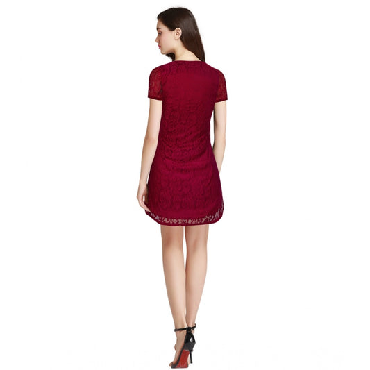 Indoraa Women's Rasal Solid Round Neck Cap Sleeve Dress (Maroon)