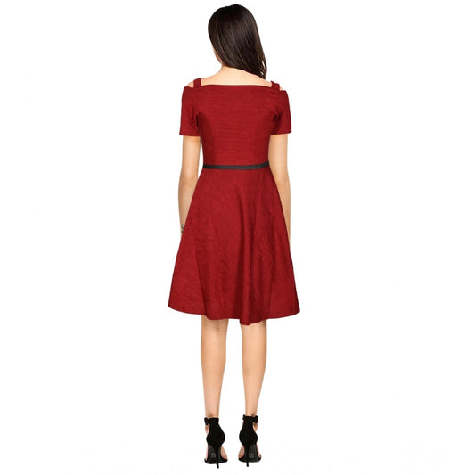 Indoraa Women's Polyester Solid V Neck Cap Sleeve Dress (Maroon)
