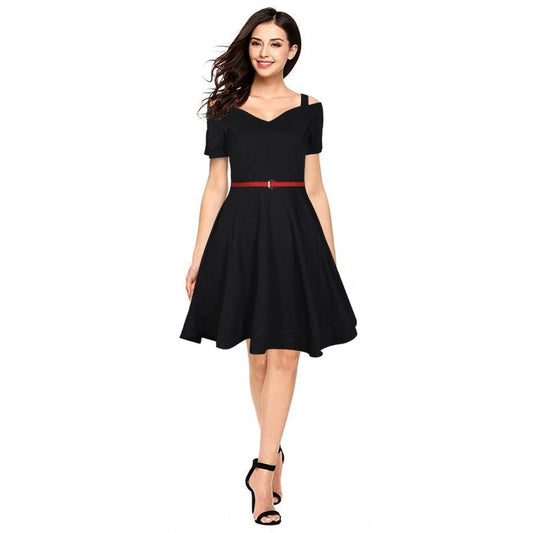 Indoraa Women's Polyester Solid V Neck Cap Sleeve Dress (Black)