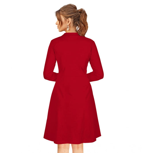 Indoraa Women's Knitting stretchable Solid Round Neck Full Sleeve Dress (Red)