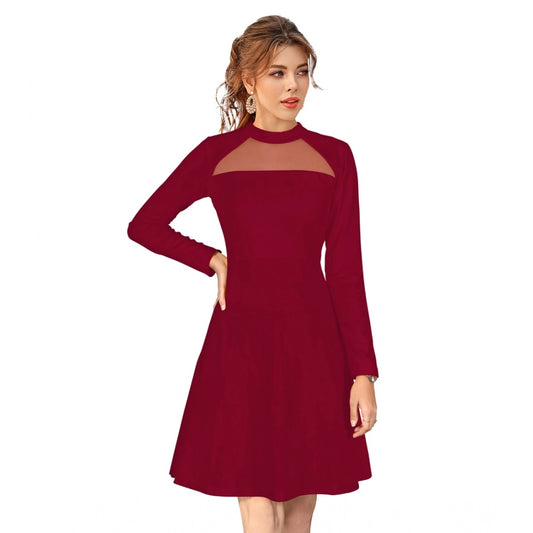 Indoraa Women's Knitting stretchable Solid Round Neck Full Sleeve Dress (Maroon)