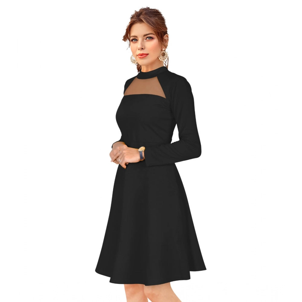 Indoraa Women's Knitting stretchable Solid Round Neck Full Sleeve Dress (Black)