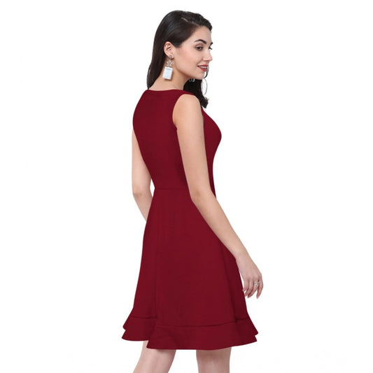 Indoraa Women's Polyester Solid Round Neck Sleeveless Dress (Maroon)