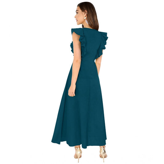 Indoraa Women's Knitting stretchable Solid Round Neck Ruffled Sleeve Dress (Morpich)