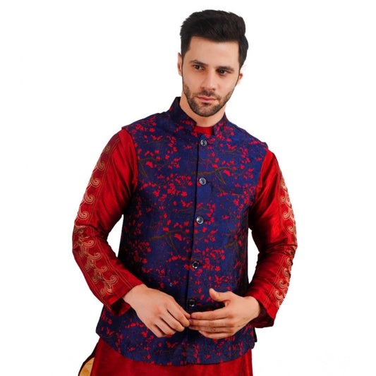 Indoraa Men's Jacquard Self-Design Sleeveless Mandarin Neck Waistcoat (Blue-Red)