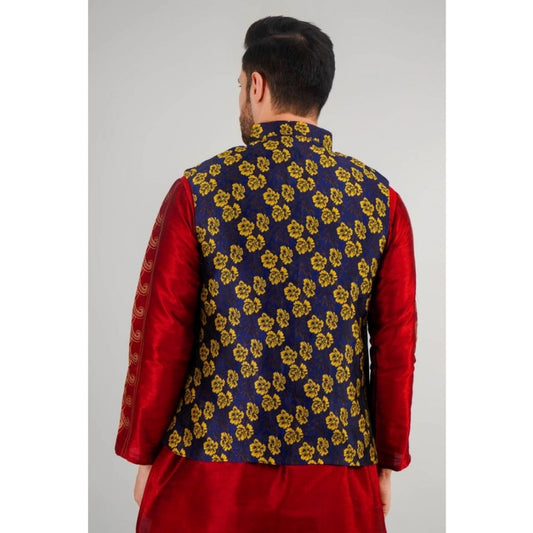 Indoraa Men's Jacquard Self-Design Sleeveless Mandarin Neck Waistcoat (Blue-Gold)