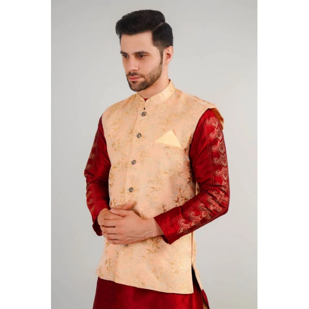 Indoraa Men's Jacquard Self-Design Sleeveless Mandarin Neck Waistcoat (Beige)