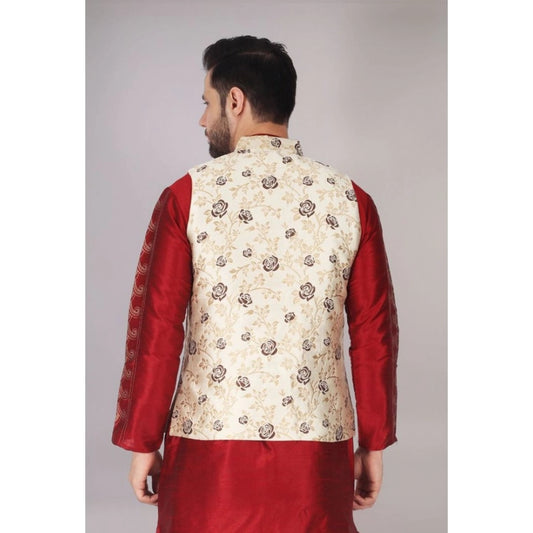 Indoraa Men's Jacquard Self-Design Sleeveless Mandarin Neck Waistcoat (Cream)