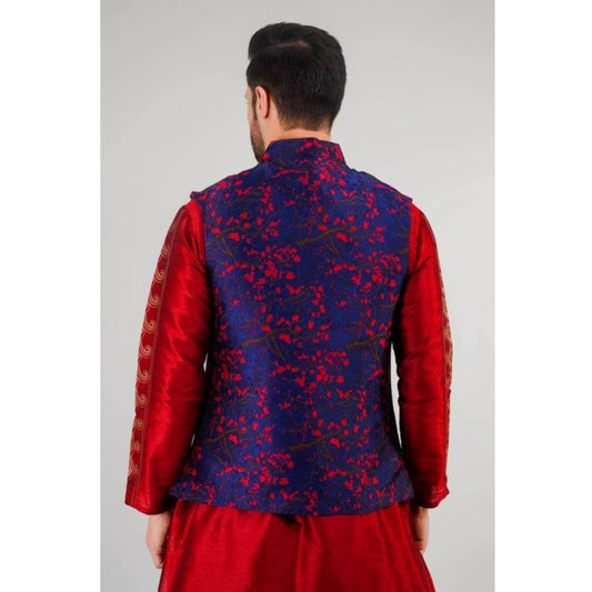 Indoraa Men's Jacquard Self-Design Sleeveless Mandarin Neck Waistcoat (Blue-Red)
