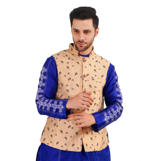 Indoraa Men's Jacquard Self-Design Sleeveless Mandarin Neck Waistcoat (Beige)