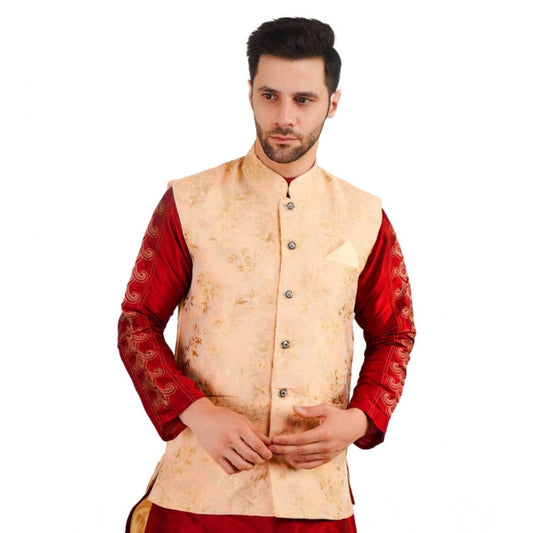 Indoraa Men's Jacquard Self-Design Sleeveless Mandarin Neck Waistcoat (Beige)