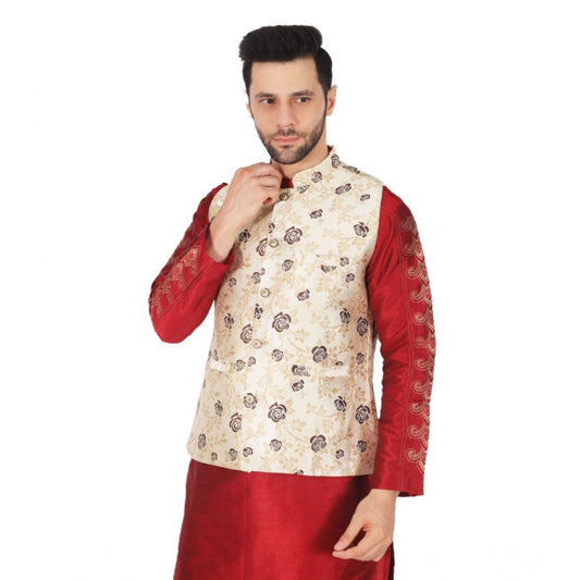 Indoraa Men's Jacquard Self-Design Sleeveless Mandarin Neck Waistcoat (Cream)