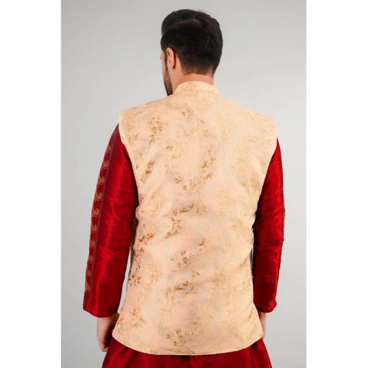 Indoraa Men's Jacquard Self-Design Sleeveless Mandarin Neck Waistcoat (Beige)