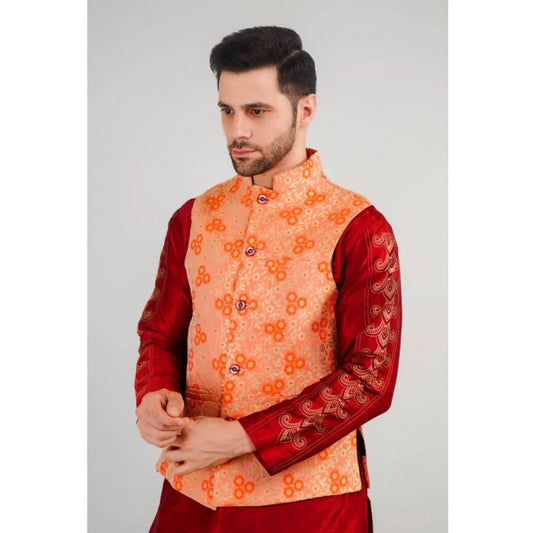 Indoraa Men's Jacquard Self-Design Sleeveless Mandarin Neck Waistcoat (Orange)