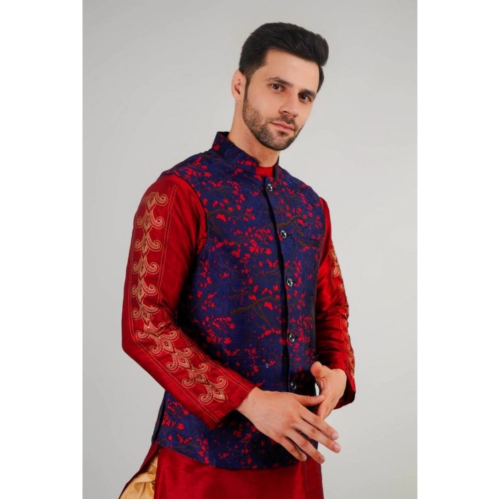 Indoraa Men's Jacquard Self-Design Sleeveless Mandarin Neck Waistcoat (Blue-Red)