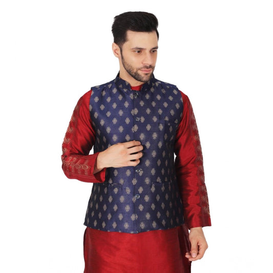 Indoraa Men's Jacquard Self-Design Sleeveless Mandarin Neck Waistcoat (NavyBlue-Gold)