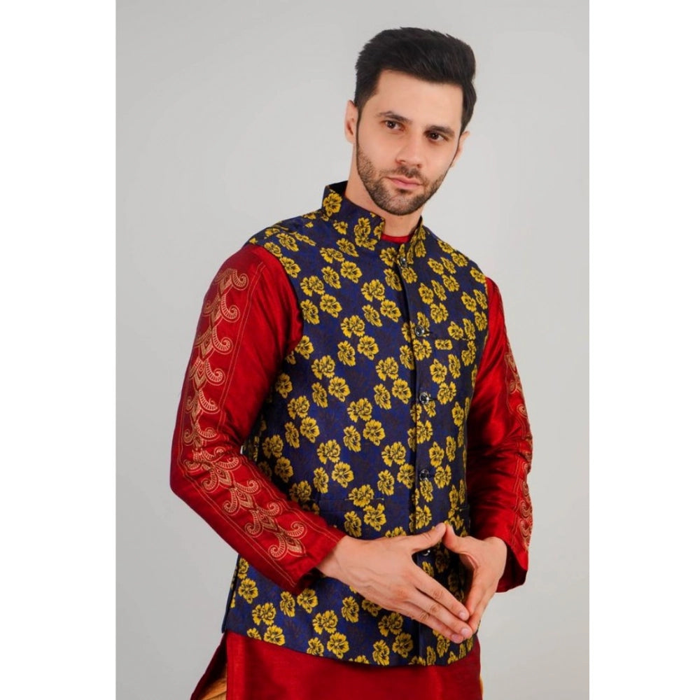 Indoraa Men's Jacquard Self-Design Sleeveless Mandarin Neck Waistcoat (Blue-Gold)