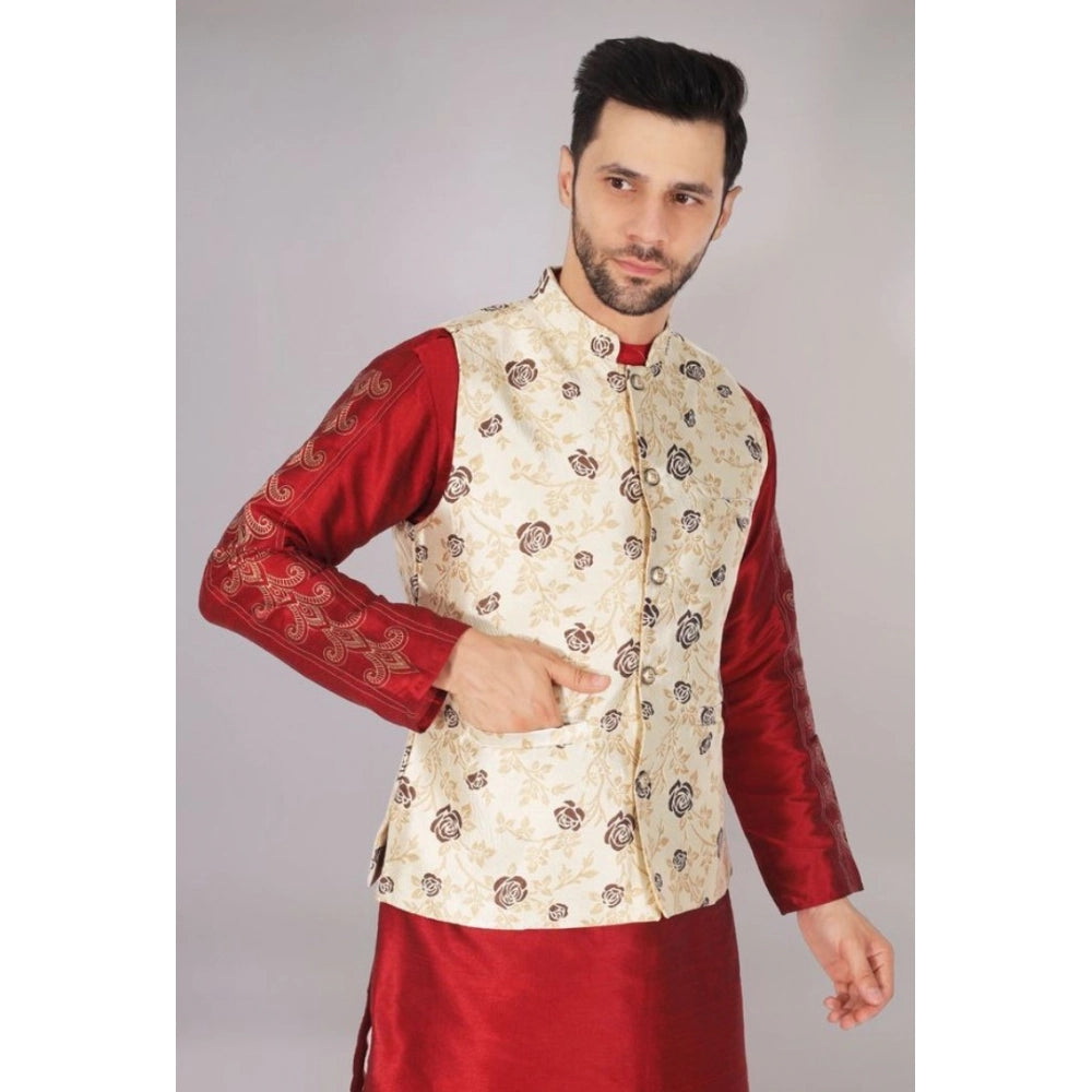 Indoraa Men's Jacquard Self-Design Sleeveless Mandarin Neck Waistcoat (Cream)