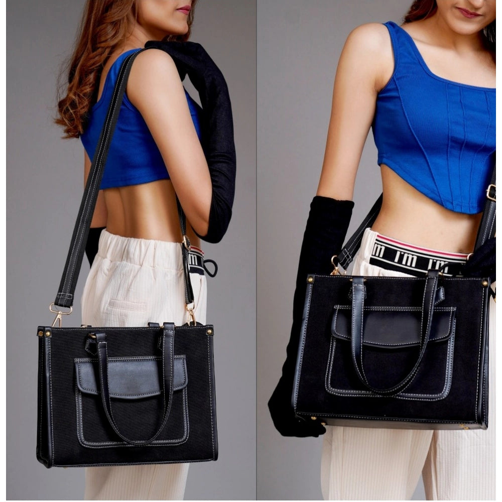 indoraa Women's Canvas Medium Top handle Satchel Zipper Handbag (Black)