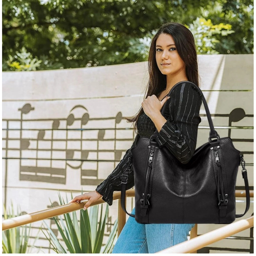 indoraa Women's PU Leather Large Shoulder Zipper Handbag (Black)