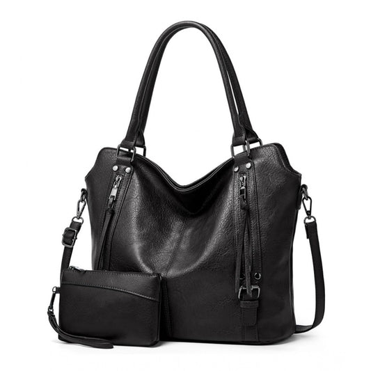 indoraa Women's PU Leather Large Shoulder Zipper Handbag (Black)
