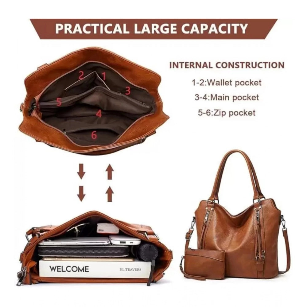 indoraa Women's PU Leather Large Shoulder Zipper Handbag (Brown)