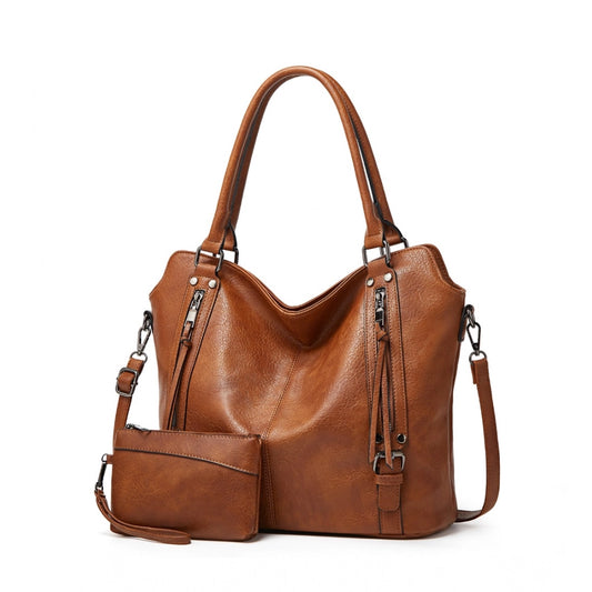 indoraa Women's PU Leather Large Shoulder Zipper Handbag (Brown)