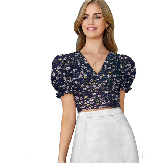 Indoraa Women's Knitting Printed V-Neck Puff Sleeve Tops (Navy Blue)