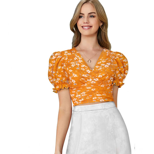 Indoraa Women's Knitting Printed V-Neck Puff Sleeve Tops (Yellow)