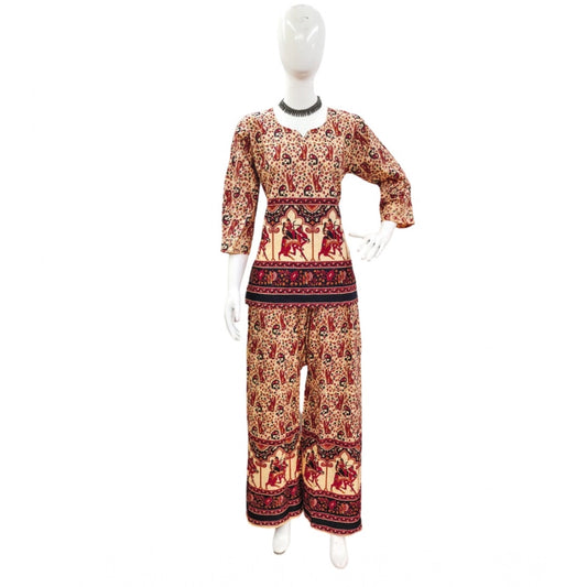Indoraa Women's Cotton Jaipuri Printed 3-4th Sleeve Co ord Set (Multicolor)