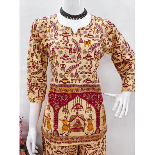 Indoraa Women's Cotton Jaipuri Printed 3-4th Sleeve Co ord Set (Multicolor)