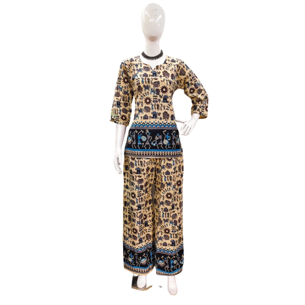Indoraa Women's Cotton Jaipuri Printed 3-4th Sleeve Co ord Set (Multicolor)